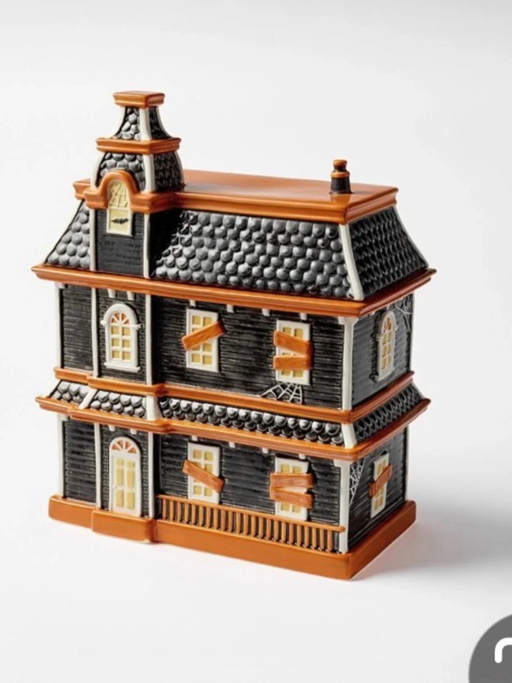 Pottery Barn Haunted House Lidded Stoneware Candy Bowl in Black and Orange
